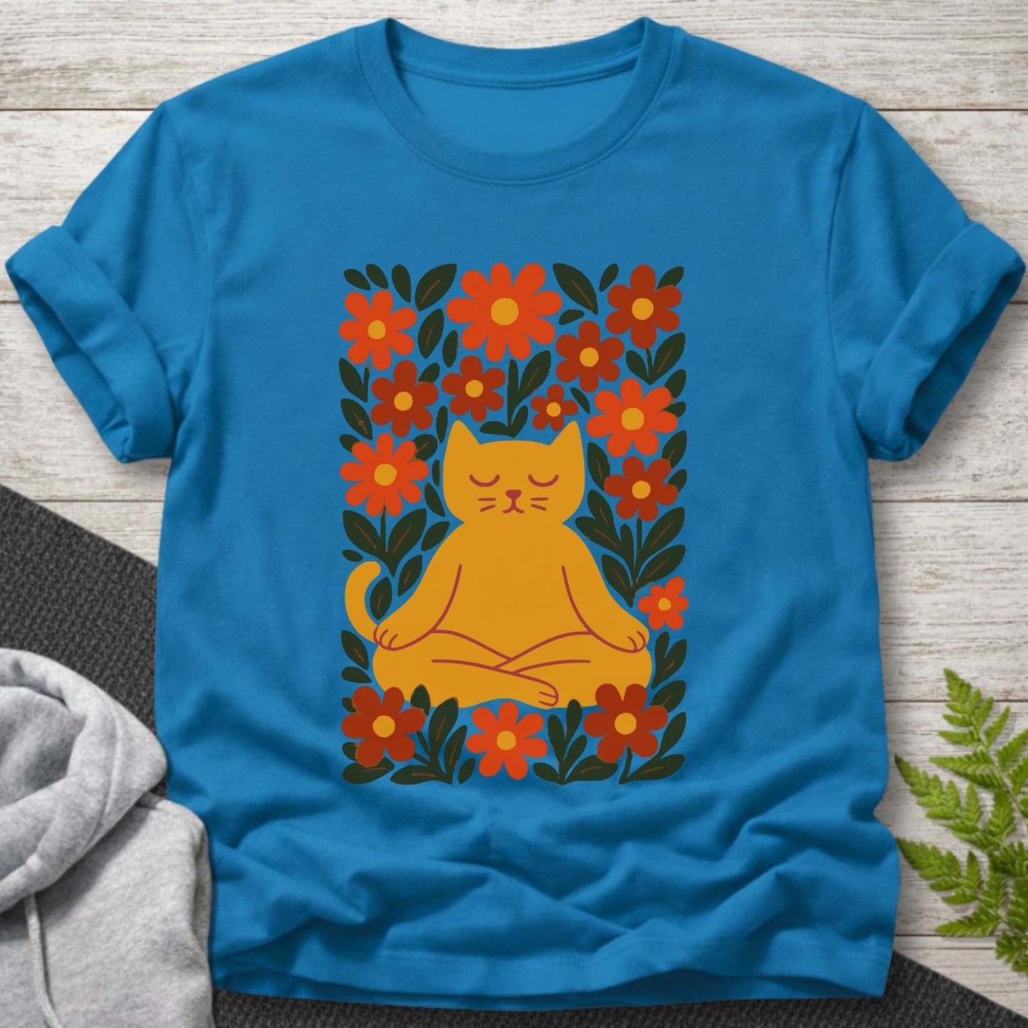 Meditating Cat Floral T-Shirt