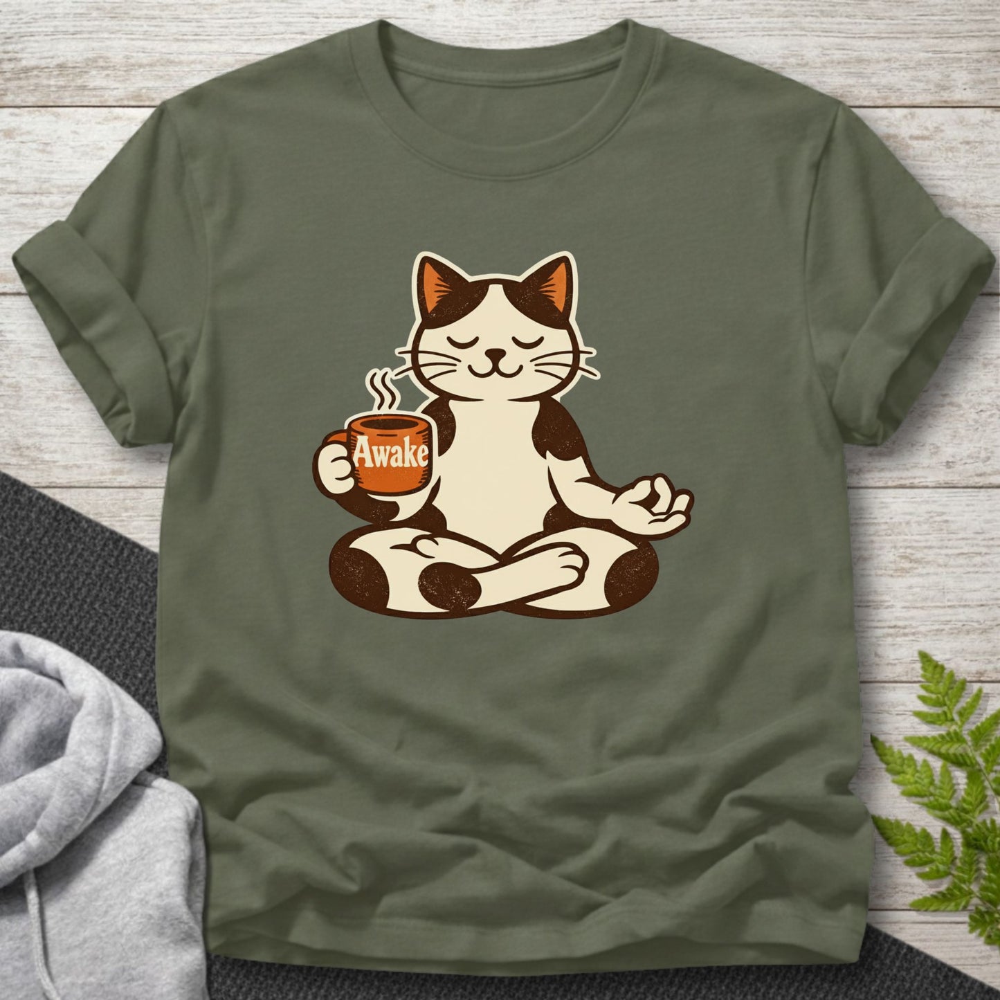 Awake Meditating Cat Coffee T-Shirt