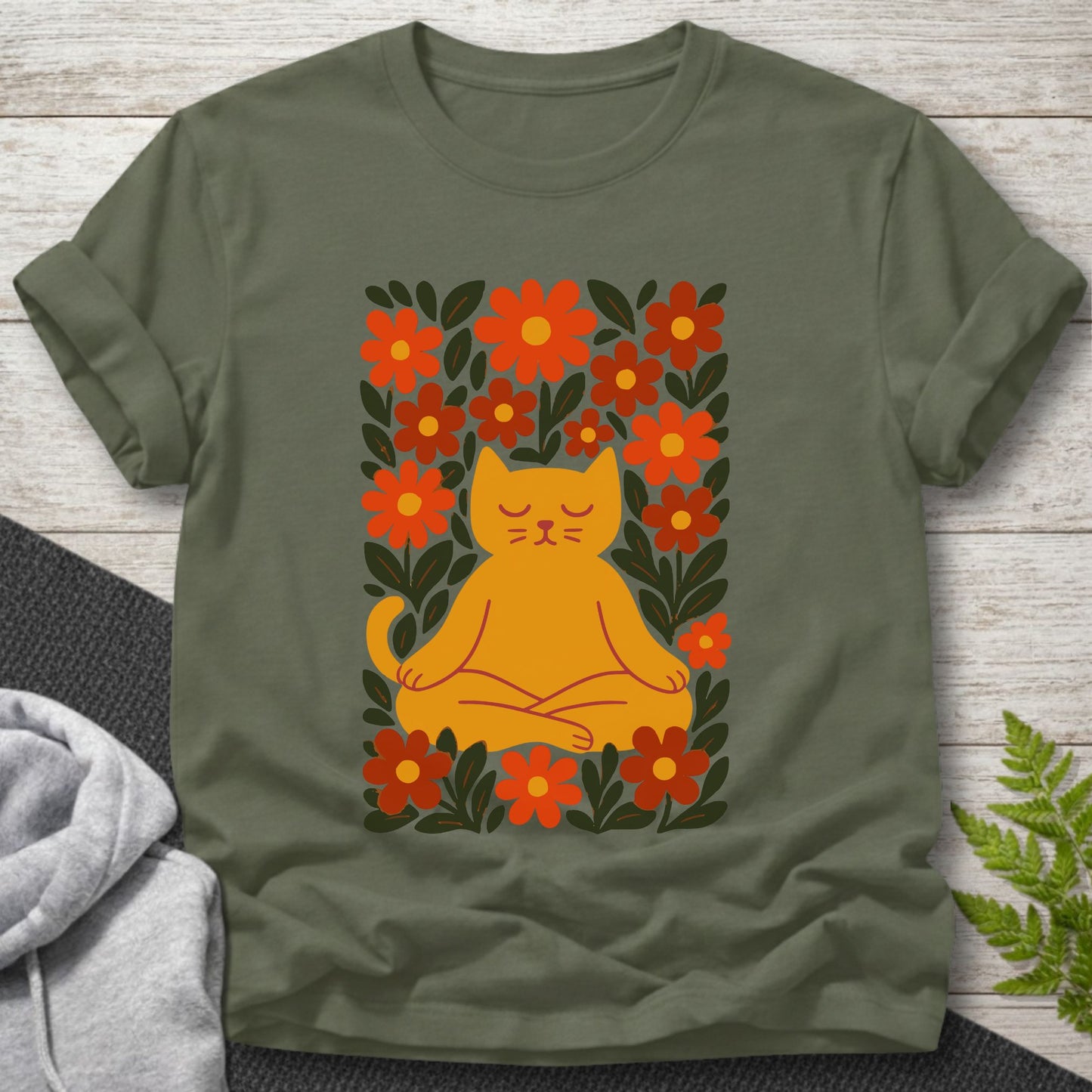 Meditating Cat Floral T-Shirt