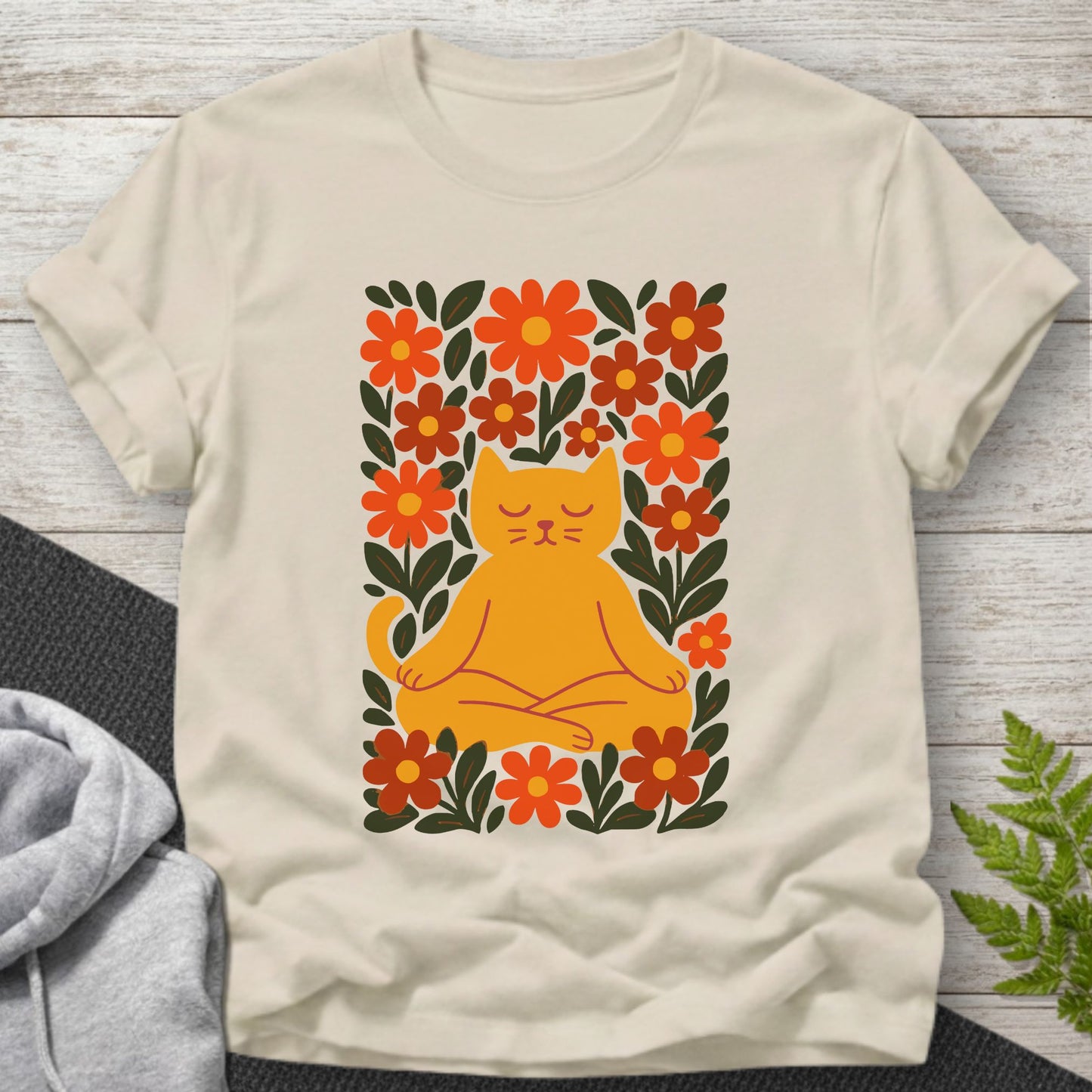 Meditating Cat Floral T-Shirt