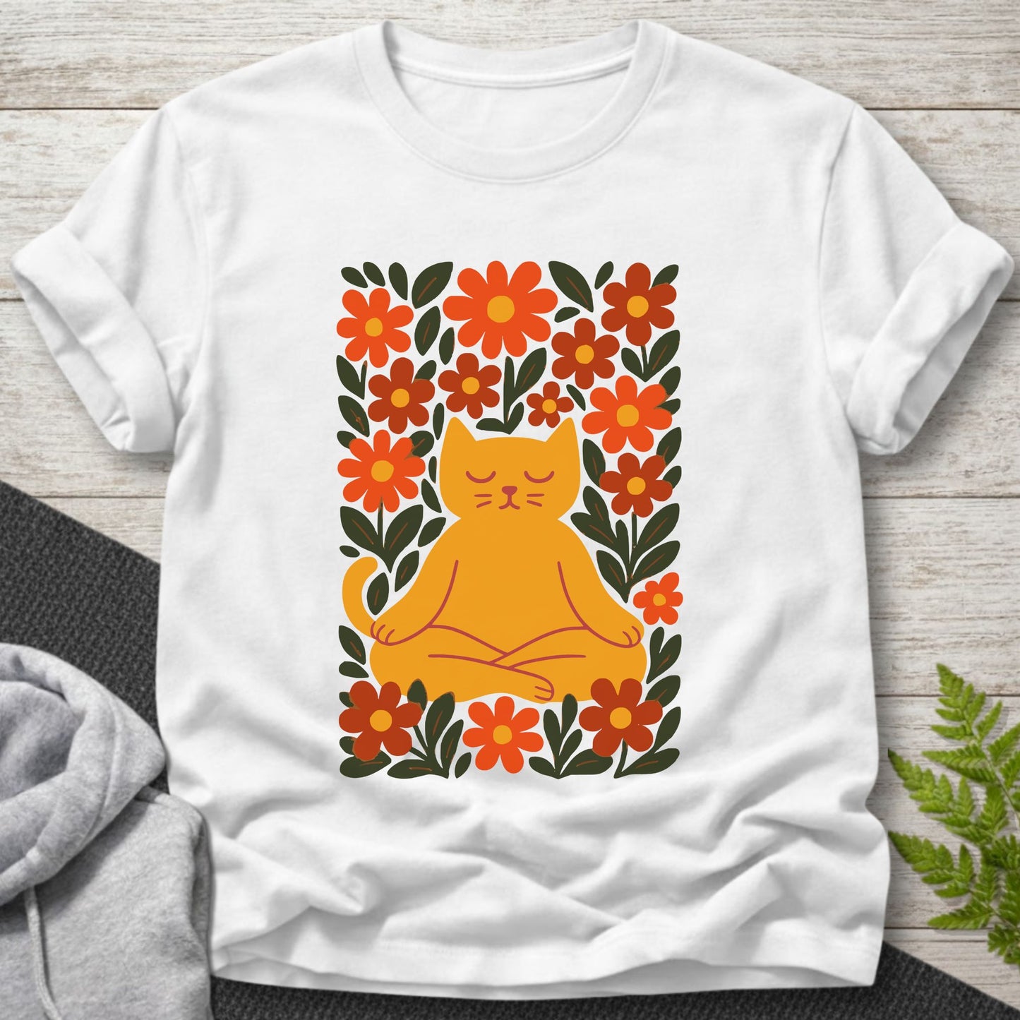 Meditating Cat Floral T-Shirt