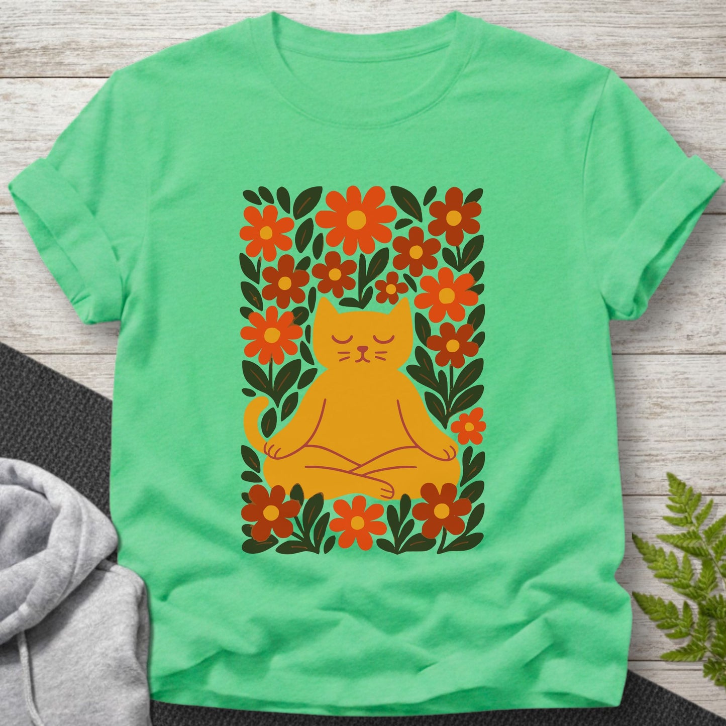Meditating Cat Floral T-Shirt