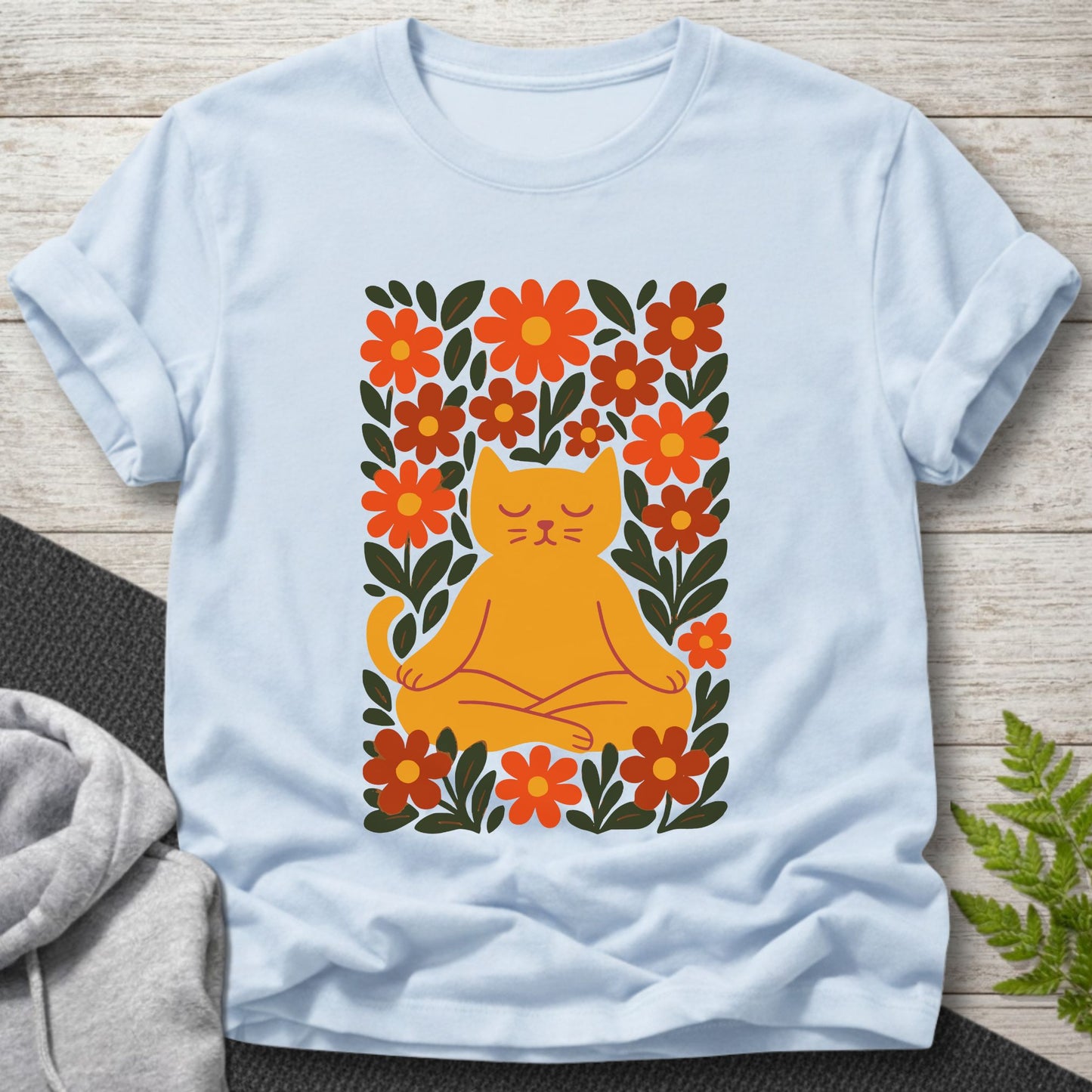 Meditating Cat Floral T-Shirt