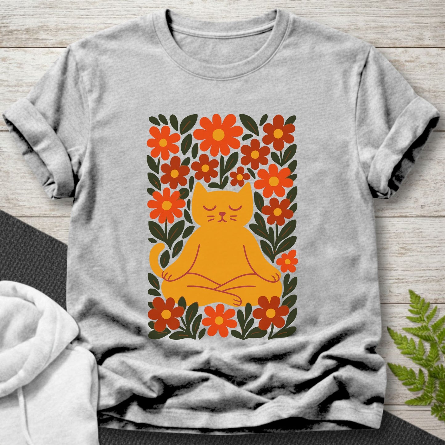 Meditating Cat Floral T-Shirt